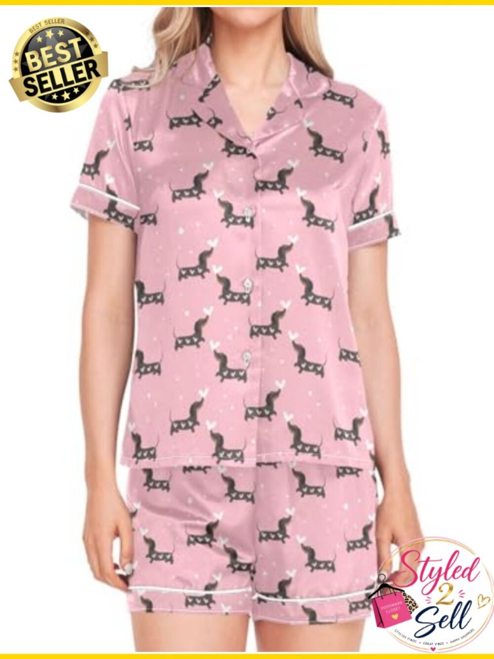 Satin Pajama Set Short Sleeve 2-Piece Sleepwear Lounge with Pockets